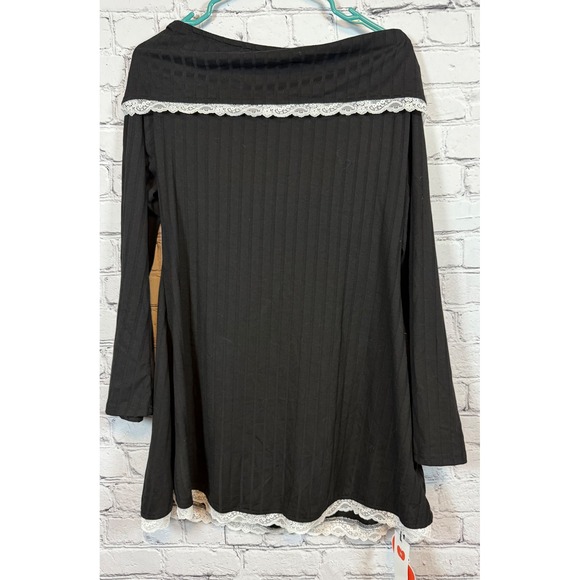 Cider Mini Dress Black Ribbed Knit Long Sleeve‎ Lace Trim Off Shoulder XL - Picture 1 of 4
